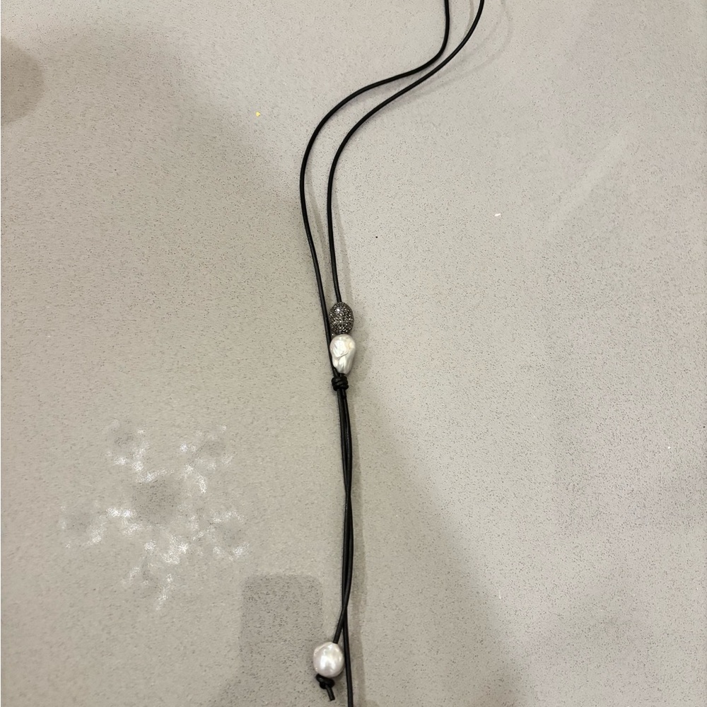 Minimal Black Leather Cord Necklace with White Baroque Pearls
